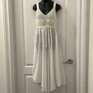 White midi dress with crochet top and waist belt elastic straps & back Sz S/M